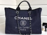 Chanel Large Shopping Bag Toile Sequins Silver Tone Metal Navy Blue For Sale