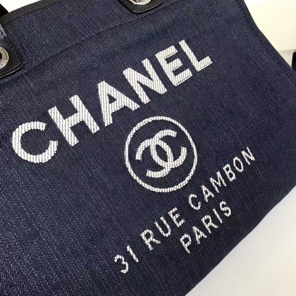 Chanel Large Shopping Bag Toile Sequins Silver Tone Metal Navy Blue For Sale