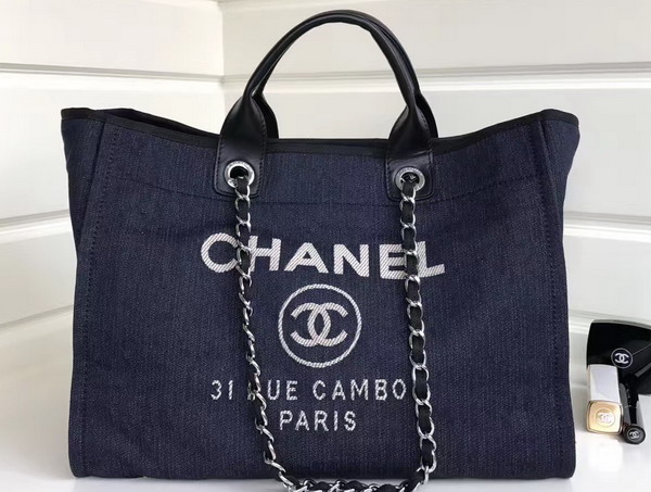 Chanel Large Shopping Bag Toile Sequins Silver Tone Metal Navy Blue For Sale