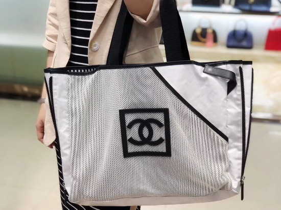 Chanel Large Shopping Bag White Mesh Fabric and PVC