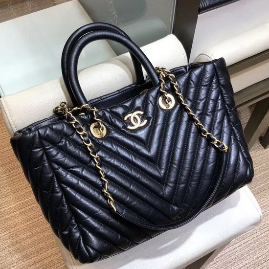 Chanel Large Shopping Bag in Aged Calfskin with Chevron Detail Black A57974