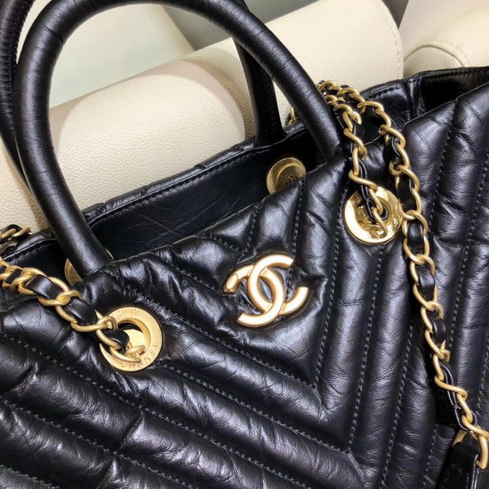 Chanel Large Shopping Bag in Aged Calfskin with Chevron Detail Black A57974