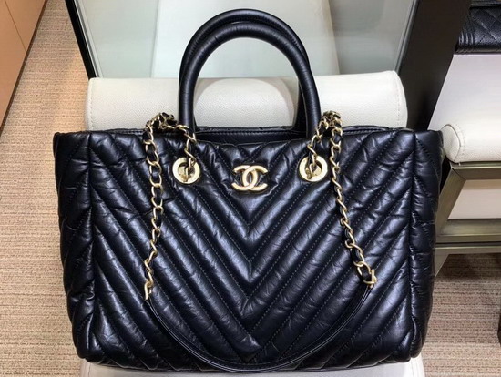 Chanel Large Shopping Bag in Aged Calfskin with Chevron Detail Black A57974