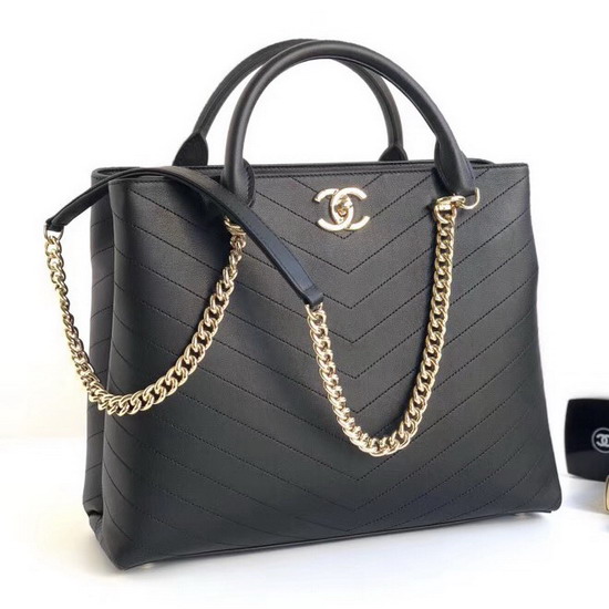 Chanel Large Shopping Bag in Black Chevron Calfskin A57553