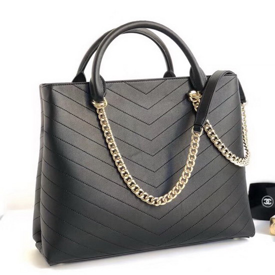 Chanel Large Shopping Bag in Black Chevron Calfskin A57553