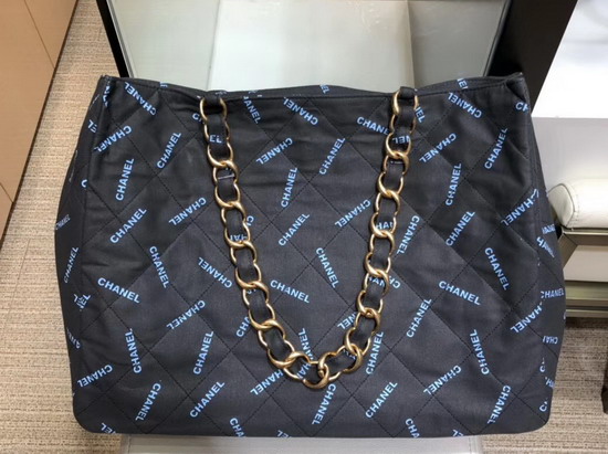 Chanel Large Shopping Bag in Black Fabric with Allover Printed Chanel Logo