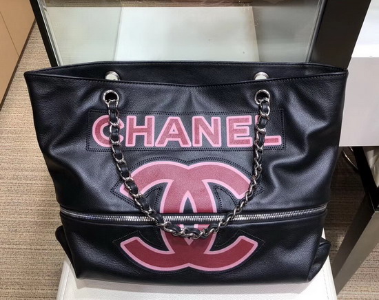 Chanel Large Shopping Bag in Black Lambskin and Wool