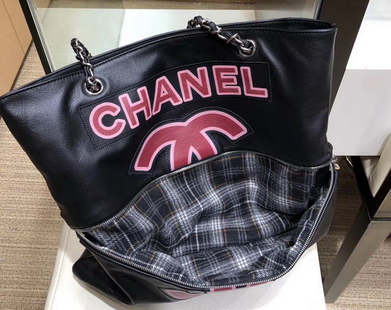 Chanel Large Shopping Bag in Black Lambskin and Wool