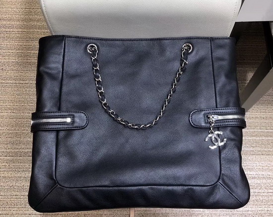 Chanel Large Shopping Bag in Black Lambskin and Wool