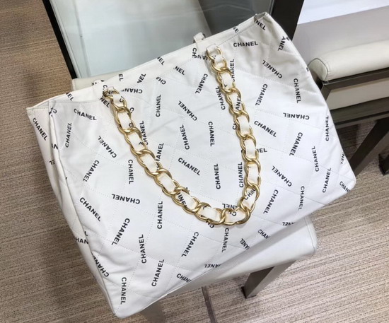 Chanel Large Shopping Bag in White Fabric with Allover Printed Chanel Logo