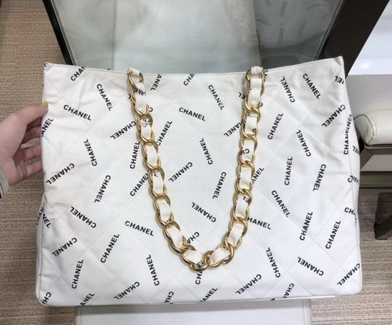 Chanel Large Shopping Bag in White Fabric with Allover Printed Chanel Logo