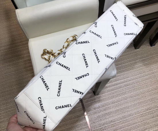 Chanel Large Shopping Bag in White Fabric with Allover Printed Chanel Logo