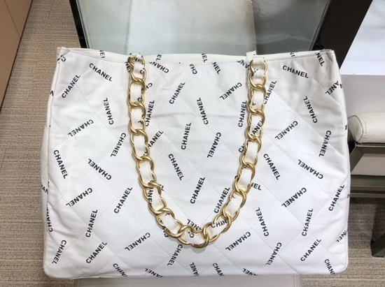 Chanel Large Shopping Bag in White Fabric with Allover Printed Chanel Logo