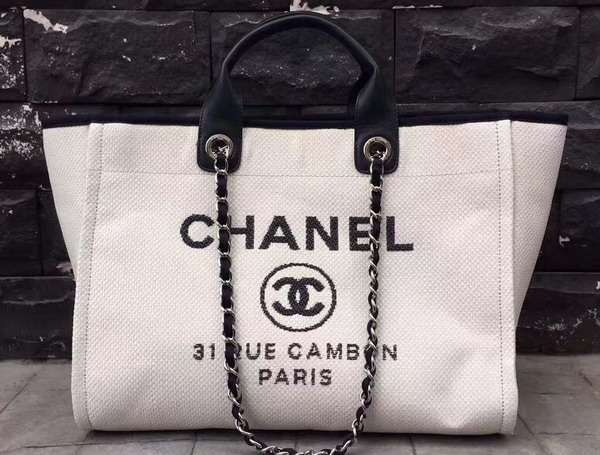 Chanel Large Shopping Bag in White Printed Fabric