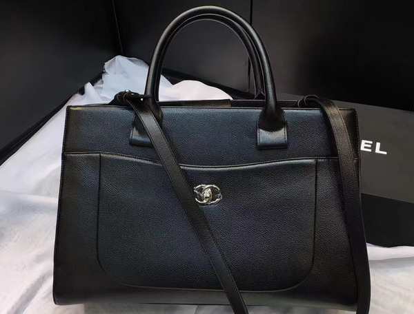 Chanel Large Tote Black Grained Calfskin Silver Metal for Sale