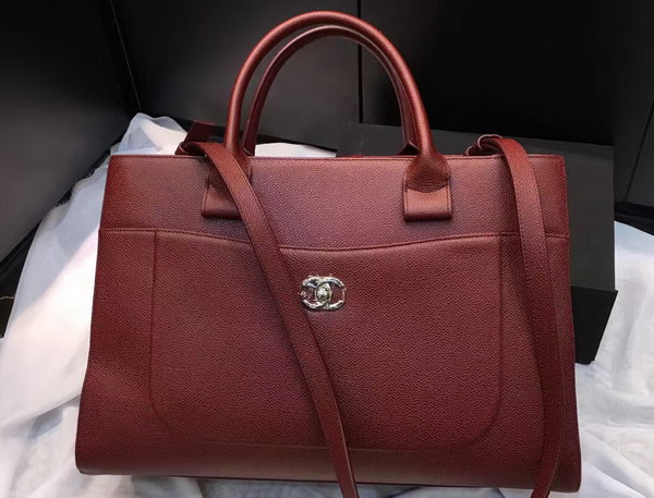 Chanel Large Tote Oxblood Grained Calfskin Silver Metal for Sale