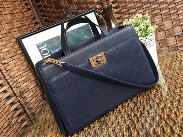 Chanel Large Zipped Shopping Bag Navy Blue Calfskin Gold and Ruthenium Metal for Sale