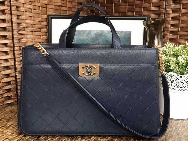 Chanel Large Zipped Shopping Bag Navy Blue Calfskin Gold and Ruthenium Metal for Sale