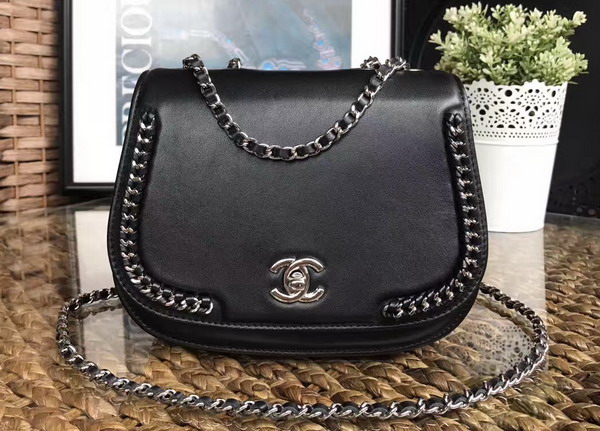 Chanel Latest Flap Bag Calfskin and Silver Tone Metal Black For Sale