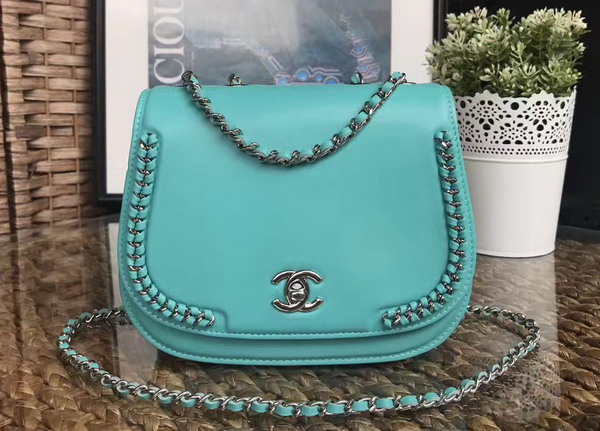 Chanel Latest Flap Bag Calfskin and Silver Tone Metal Turquoise For Sale