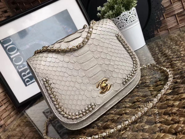 Chanel Latest Flap Bag in Beige Python with Gold Tone Metal For Sale