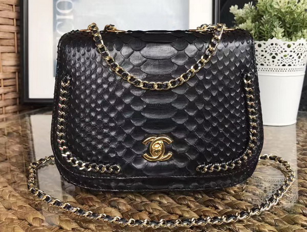 Chanel Latest Flap Bag in Black Python with Gold Tone Metal For Sale