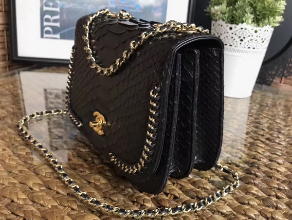 Chanel Latest Flap Bag in Black Python with Gold Tone Metal For Sale