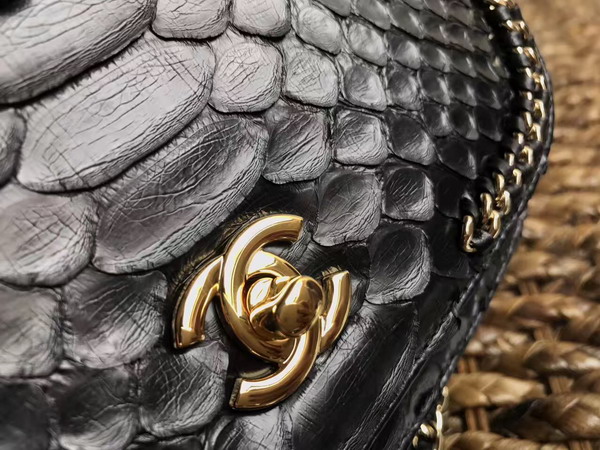 Chanel Latest Flap Bag in Black Python with Gold Tone Metal For Sale