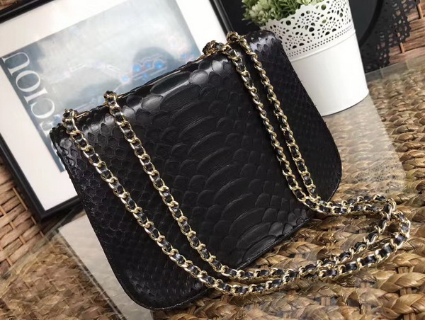 Chanel Latest Flap Bag in Black Python with Gold Tone Metal For Sale