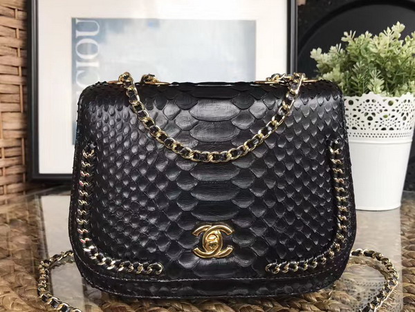 Chanel Latest Flap Bag in Black Python with Gold Tone Metal For Sale