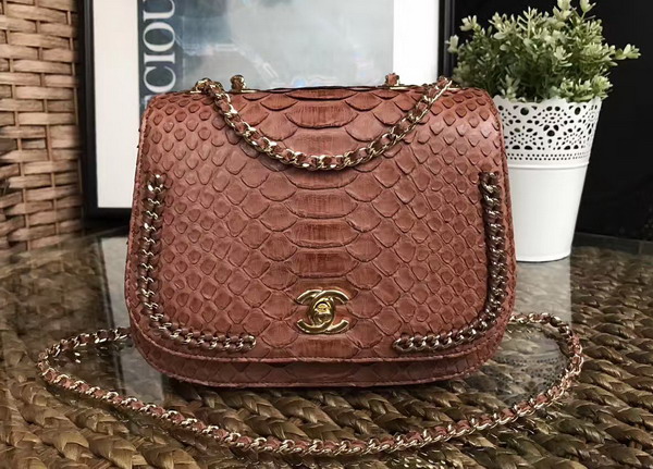 Chanel Latest Flap Bag in Brown Python with Gold Tone Metal For Sale