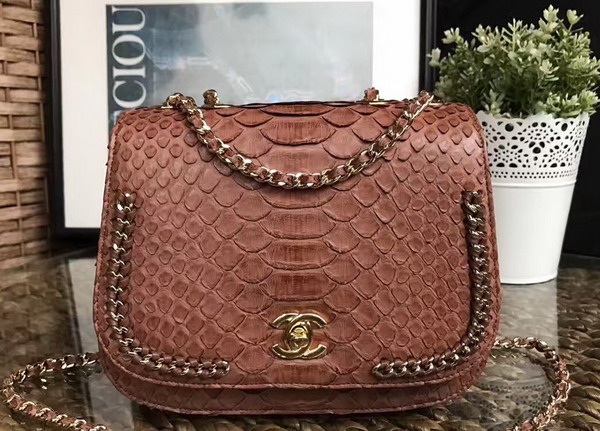 Chanel Latest Flap Bag in Brown Python with Gold Tone Metal For Sale