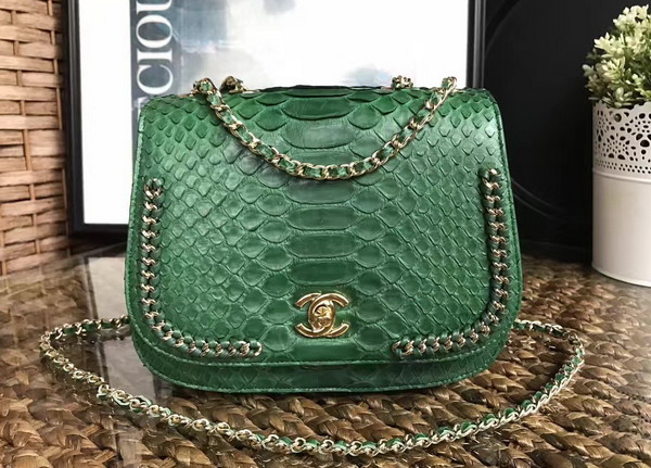 Chanel Latest Flap Bag in Green Python with Gold Tone Metal For Sale