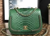 Chanel Latest Flap Bag in Green Python with Gold Tone Metal For Sale