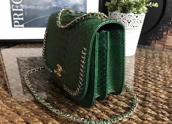 Chanel Latest Flap Bag in Green Python with Gold Tone Metal For Sale