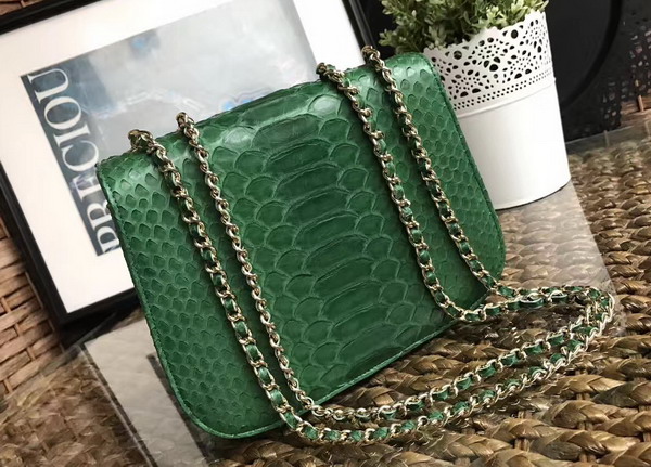 Chanel Latest Flap Bag in Green Python with Gold Tone Metal For Sale