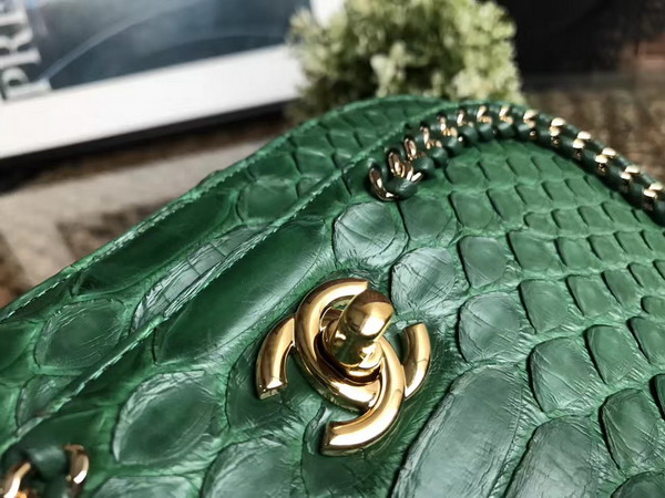 Chanel Latest Flap Bag in Green Python with Gold Tone Metal For Sale