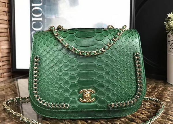 Chanel Latest Flap Bag in Green Python with Gold Tone Metal For Sale