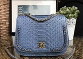 Chanel Latest Flap Bag in Light Blue Python with Gold Tone Metal For Sale