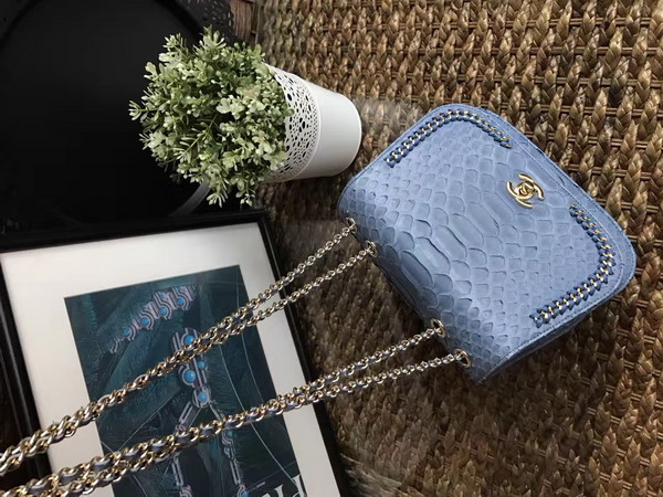 Chanel Latest Flap Bag in Light Blue Python with Gold Tone Metal For Sale