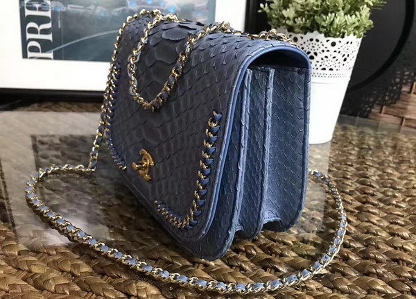 Chanel Latest Flap Bag in Light Blue Python with Gold Tone Metal For Sale