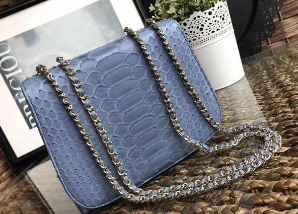 Chanel Latest Flap Bag in Light Blue Python with Gold Tone Metal For Sale