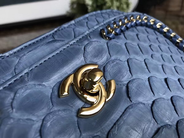 Chanel Latest Flap Bag in Light Blue Python with Gold Tone Metal For Sale