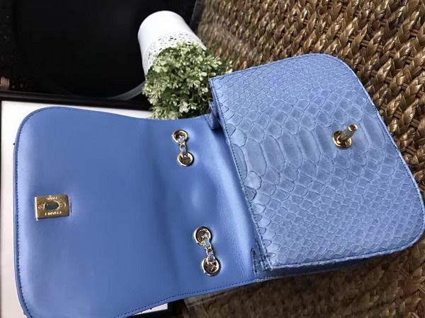 Chanel Latest Flap Bag in Light Blue Python with Gold Tone Metal For Sale