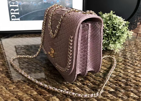 Chanel Latest Flap Bag in Light Pink Python with Gold Tone Metal For Sale