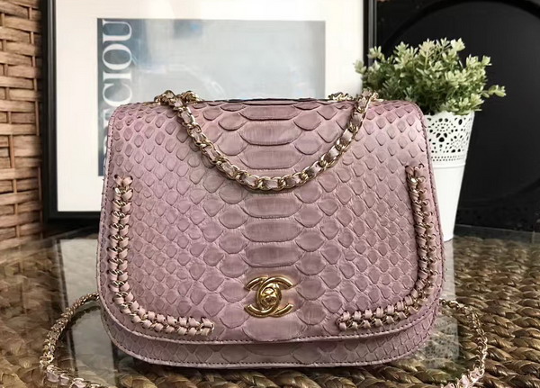 Chanel Latest Flap Bag in Light Pink Python with Gold Tone Metal For Sale