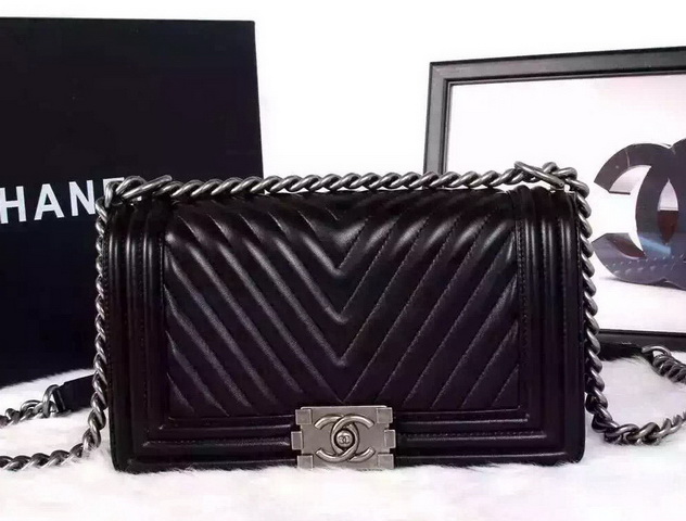 Chanel Le Boy Chevron Black Lambskin Silver Hardware for Sale