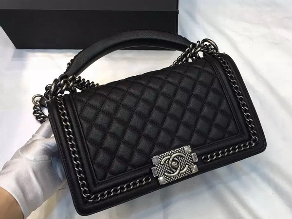 Chanel Le Boy Flap Bag with Handle Calfskin Ruthenium Metal Black for Sale