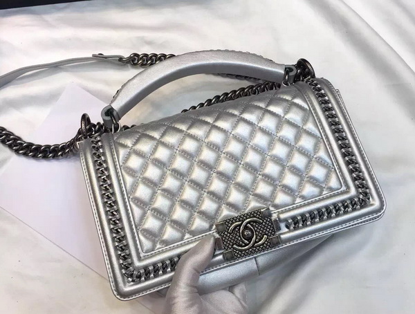 Chanel Le Boy Flap Bag with Handle Metallic Calfskin Ruthenium Metal Silver for Sale