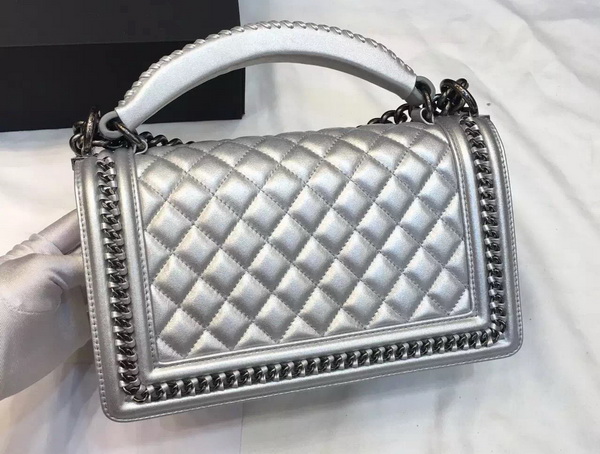 Chanel Le Boy Flap Bag with Handle Metallic Calfskin Ruthenium Metal Silver for Sale